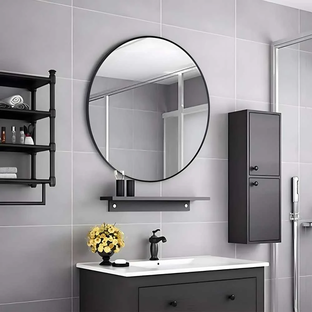 Sieninis veidrodis 60 cm pakabinamas modernus aliuminio rėmas juodas ModernHome