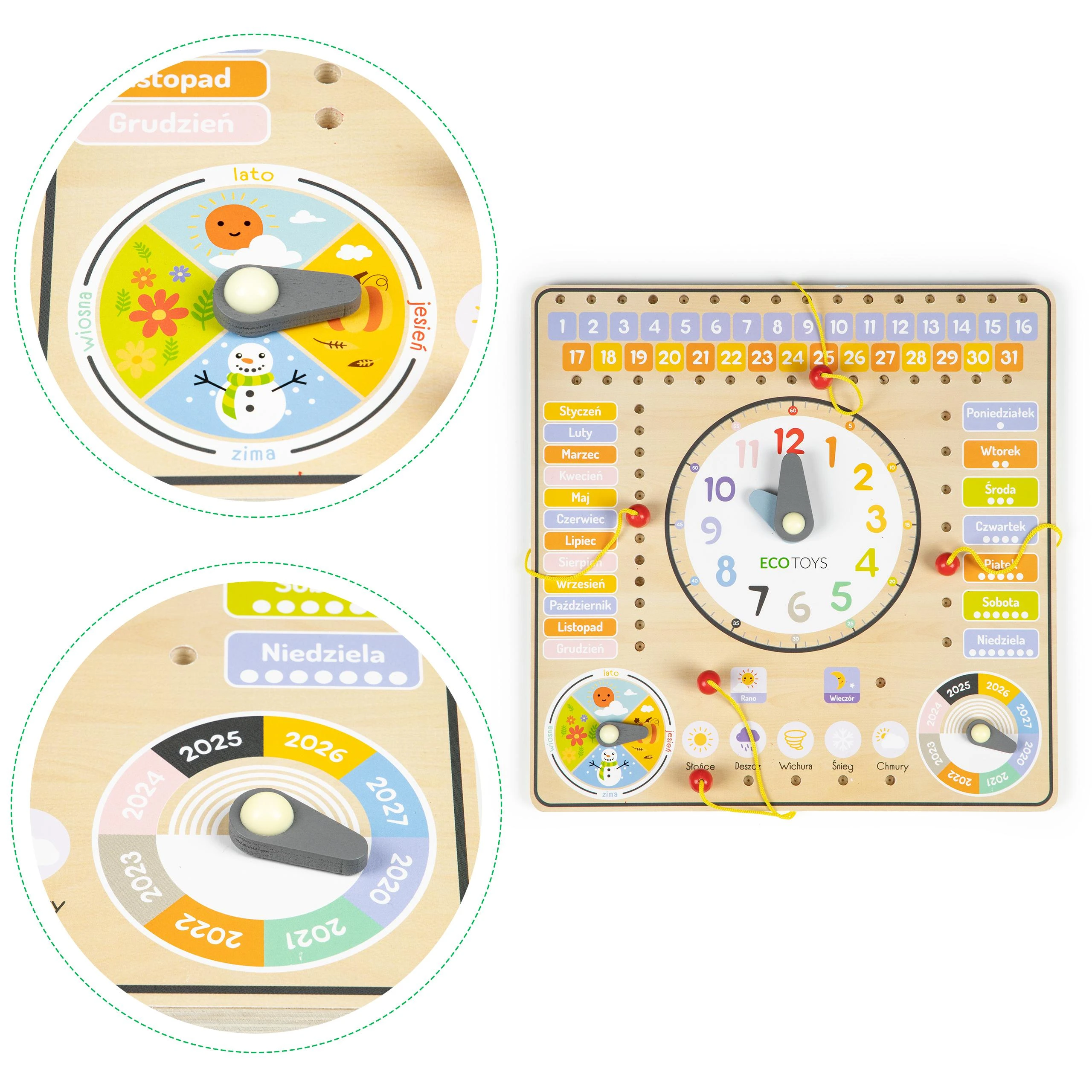 Ecotoys Medinė manipuliavimo lenta su kalendoriumi ir laikrodžiu