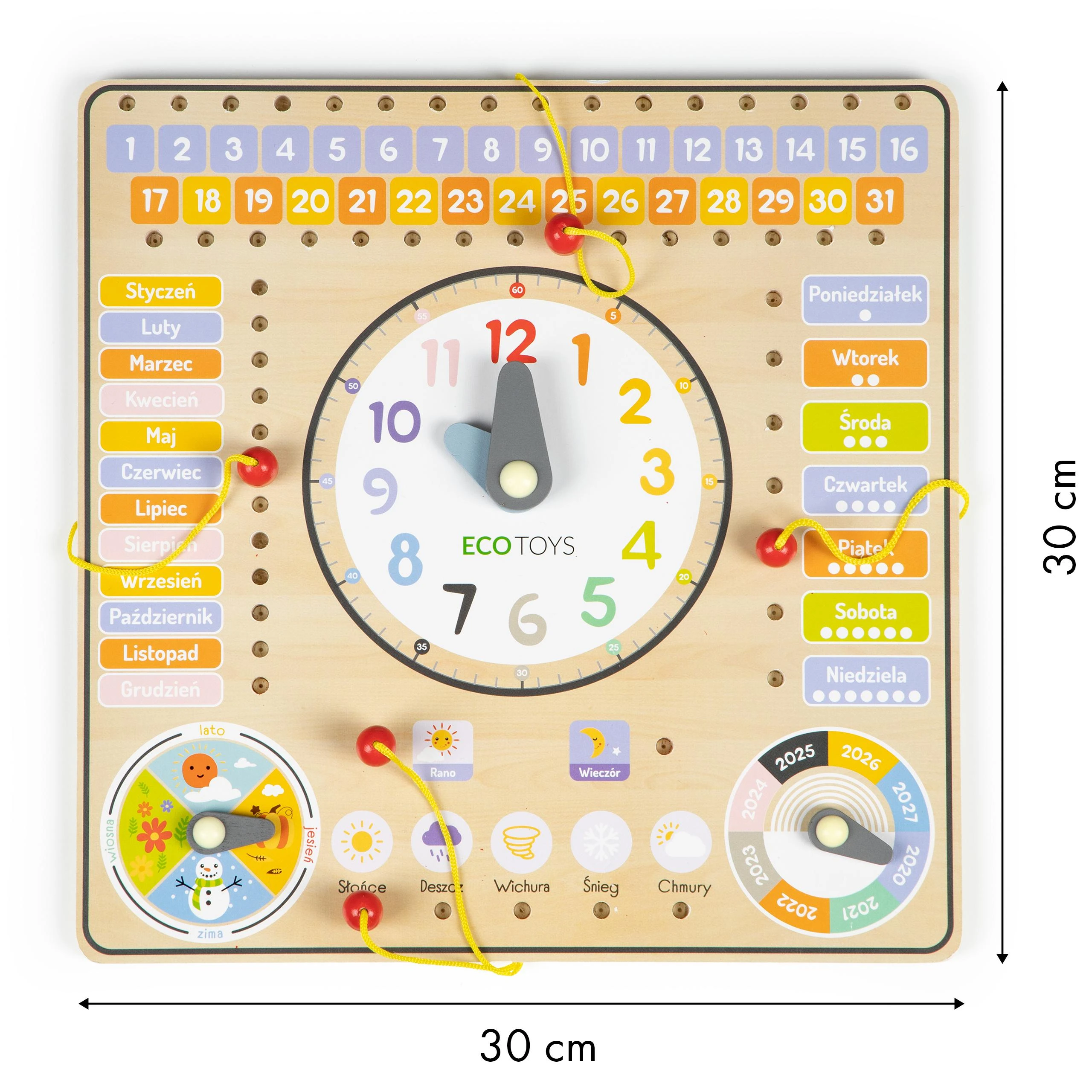 Ecotoys Medinė manipuliavimo lenta su kalendoriumi ir laikrodžiu