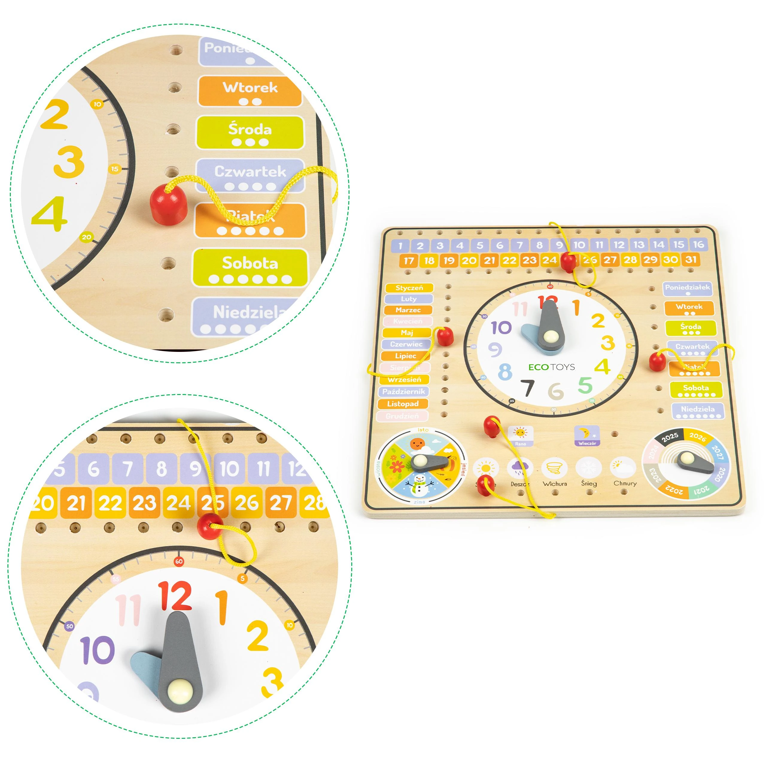 Ecotoys Medinė manipuliavimo lenta su kalendoriumi ir laikrodžiu