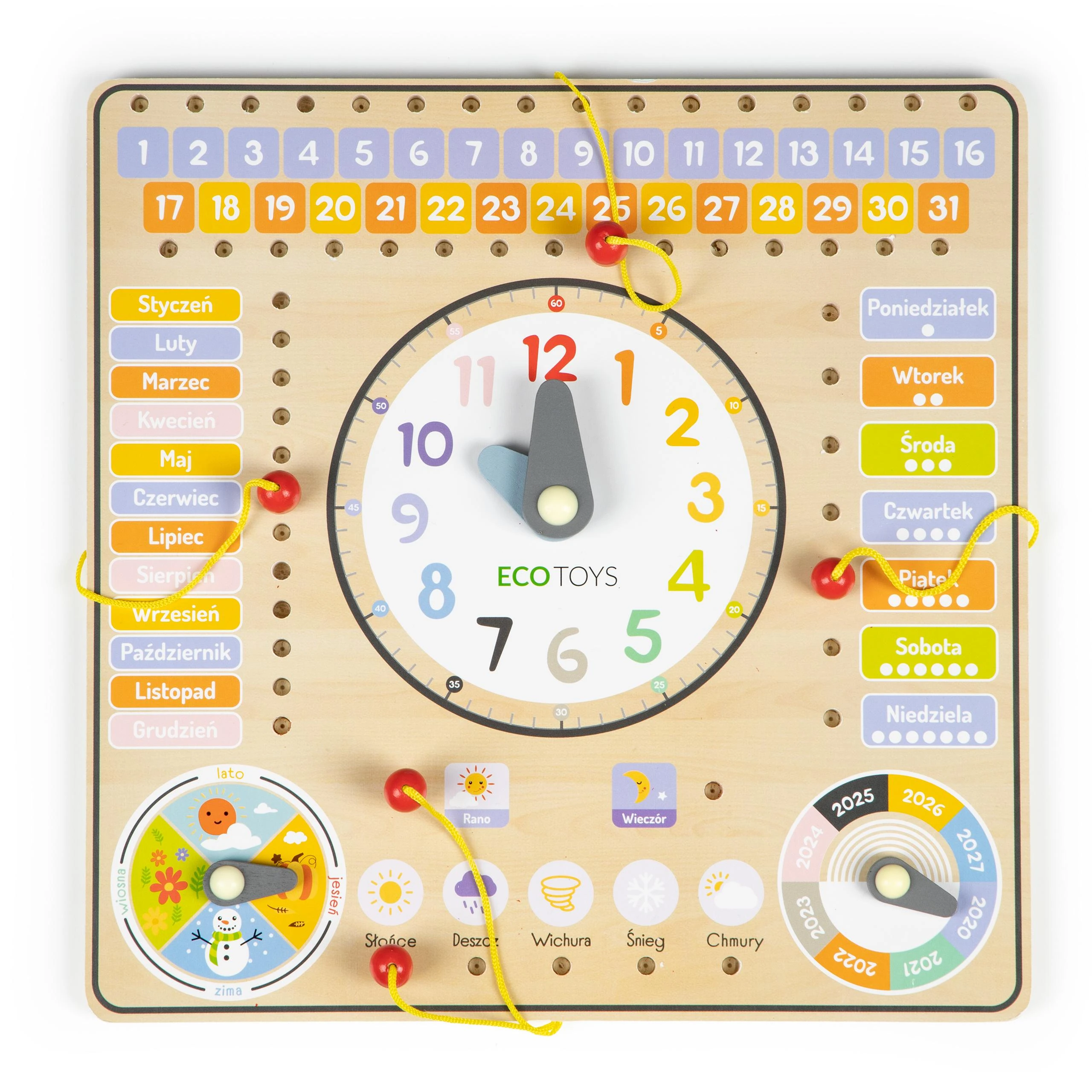 Ecotoys Medinė manipuliavimo lenta su kalendoriumi ir laikrodžiu