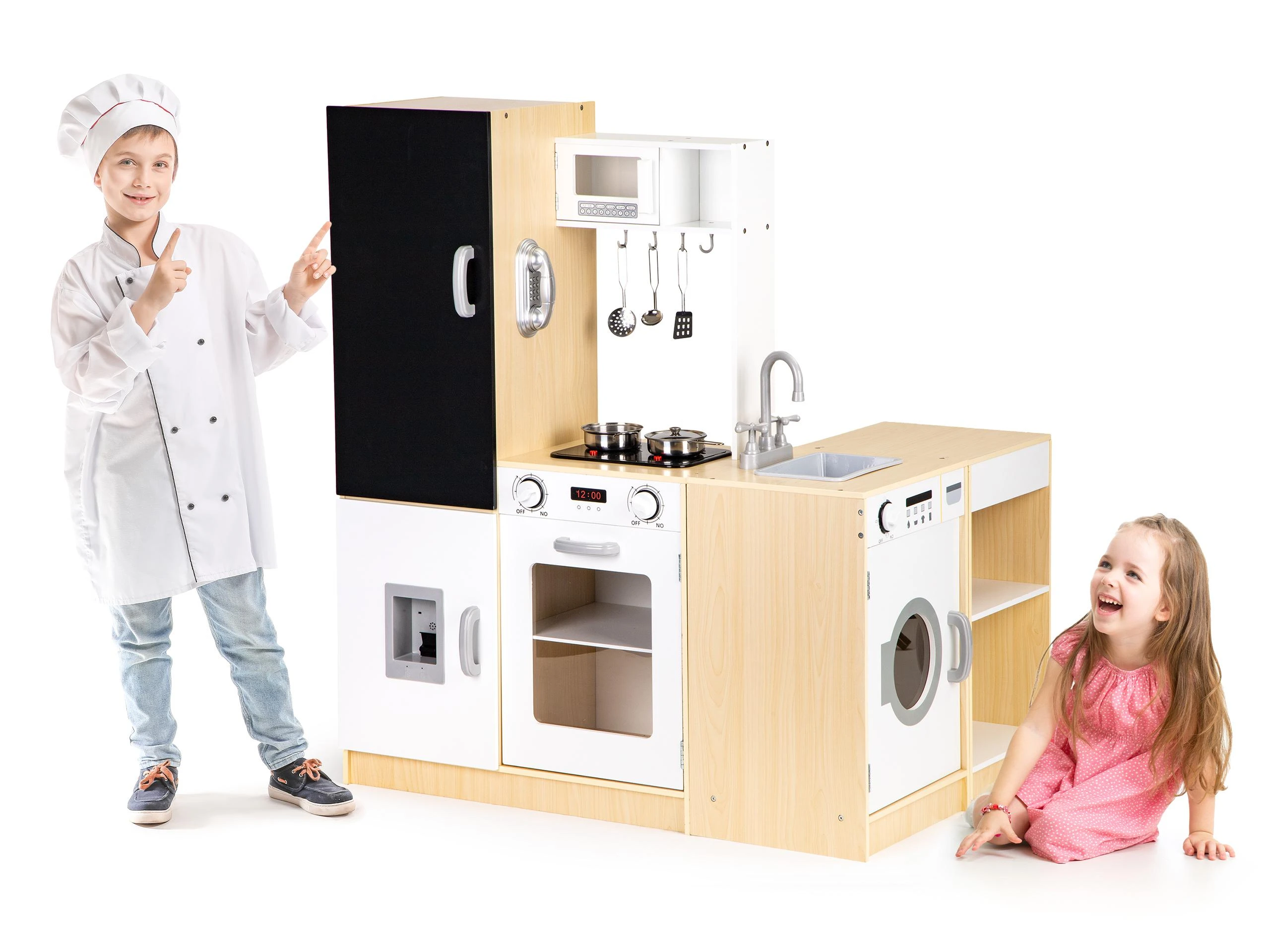 Medinė virtuvė vaikams xxl lenta + led ECOTOYS