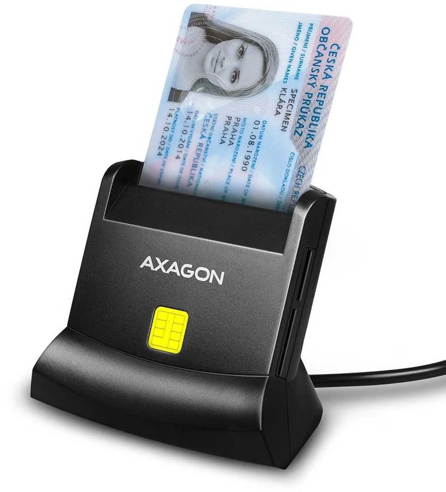 Axagon stalinio stovo skaitytuvas Išmanioji kortelė / ID kortelė AXAGON CRE-SM2 su USB 2.0 sąsaja turi SD, Micro SD ir SIM kortelių lizdus.