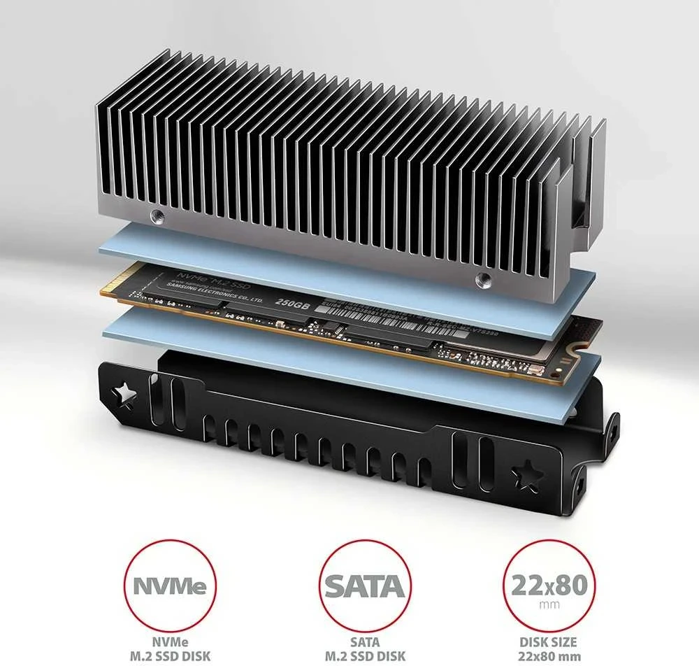 AXAGON CLR-M2XT pasyvus - M.2 SSD, 80 mm SSD, ALU korpusas, silikoninės šiluminės pagalvėlės, aukštis 20 mm