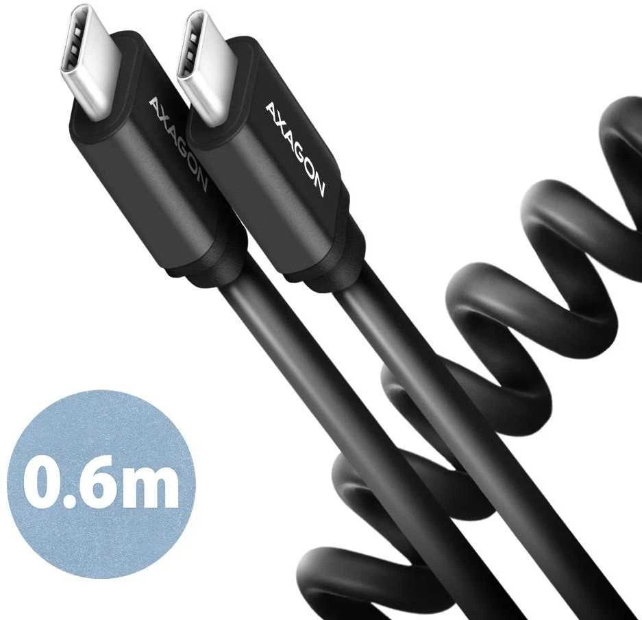 „Axagon“ duomenų ir įkrovimo USB 2.0 laidas, 1,1 m ilgio. PD 60W, 3A. Juodas susisuko.