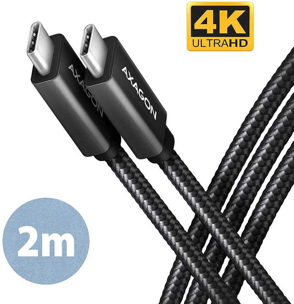 Axagon duomenų ir įkrovimo USB 3.2 Gen 2 kabelio ilgis 2 m. PD 100W, 5A, 4K HD vaizdo įrašas. Juodas pynė.