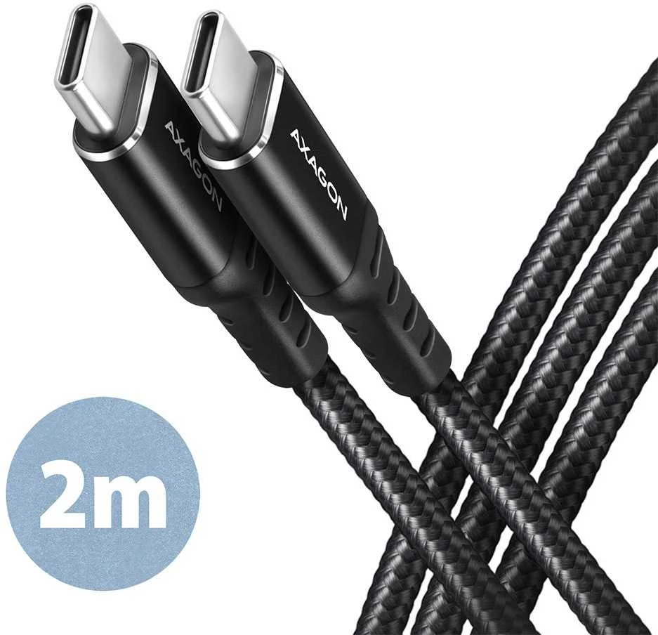 Axagon Data and charging USB 2.0 kabelio ilgis 2 m. PD 60W, 3A. Juodas braided.