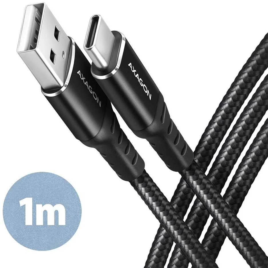 Axagon Data and charging USB 2.0 kabelio ilgis 1 m. 3A. Juodas braided.