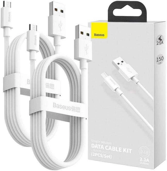 Baseus Simple Wisdom Data kabelių rinkinys USB Micro 2.1a (2vnt) 1.5m - Baltas