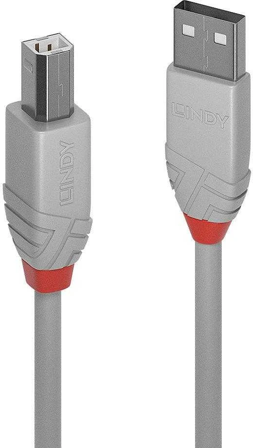 USB Kabelis - LINDY Anthra Line USB 2.0 Type A į B Laidas M/M, 5 m, Pilkas