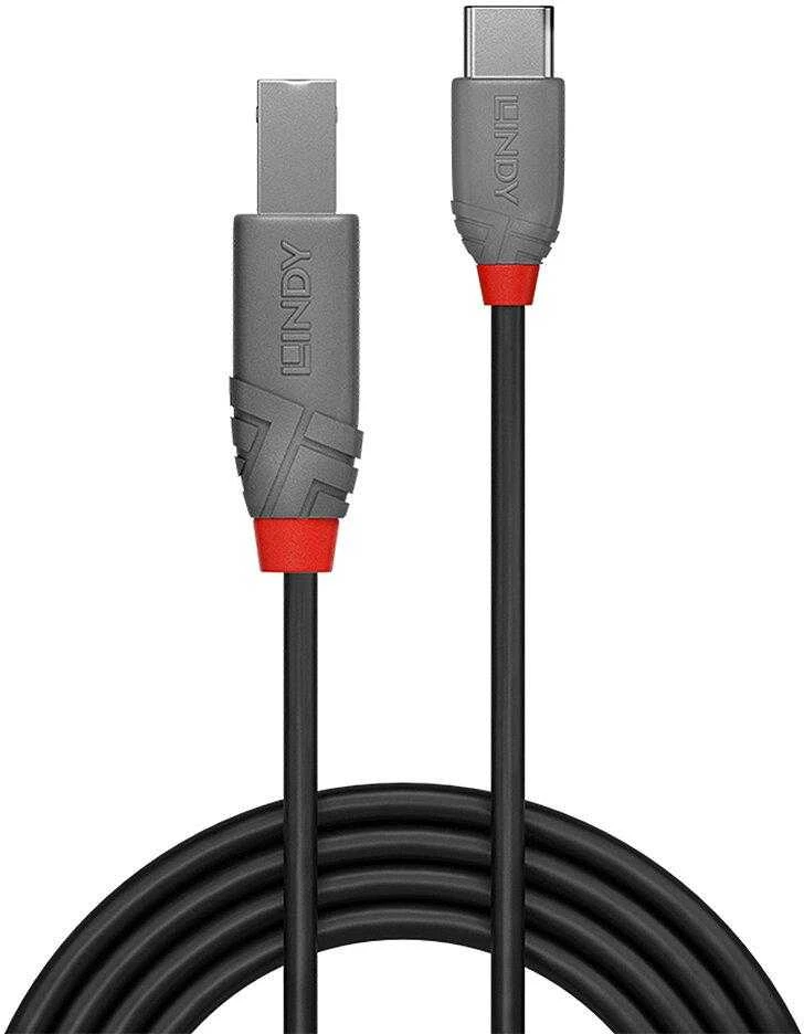 USB Laidas - LINDY Anthra Line USB 2.0 Type C į B Laidas, M/M, 480Mbps, 2.5W, 0.5 m, Juodas