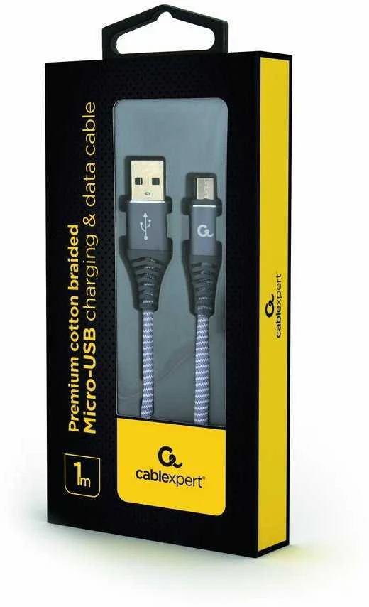 GEMBIRD CC-USB2B-AMmBM-1M-WB2 Premium medvilnės pintas Micro-USB įkrovimo ir duomenų laidas 1m pilkas/baltas