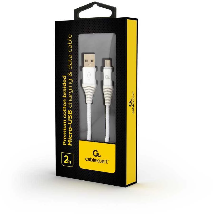 GEMBIRD CC-USB2B-AMmBM-2M-BW2 Gembird Premium medvilninis pintas Micro-USB įkrovimo ir duomenų kabelis,2m,sidabrinis/baltas