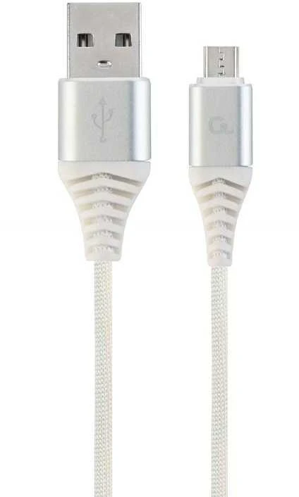 GEMBIRD CC-USB2B-AMmBM-2M-BW2 Gembird Premium medvilninis pintas Micro-USB įkrovimo ir duomenų kabelis,2m,sidabrinis/baltas