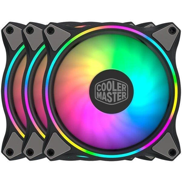 Trys MasterFan MF120 Halo ventiliatoriai su RGB apšvietimu