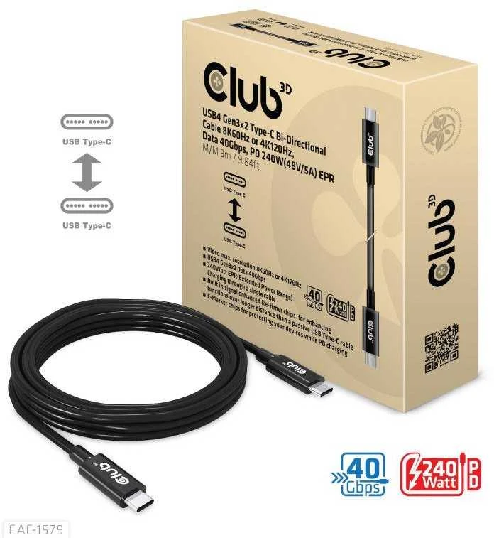 Club 3D Club3D Kabelis USB4 Gen3x2 Typ C 8K60Hz UHD maitinimo tiekimas 240W, (M/M), 300cm