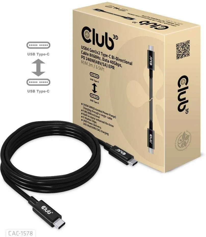Club 3D Club3D kabelis USB4 Gen3x2 Type-C Dvipusis kabelis 8K60Hz, duomenų sparta 40 Gbps, PD 240W(48V/5A) EPR M/M 2m