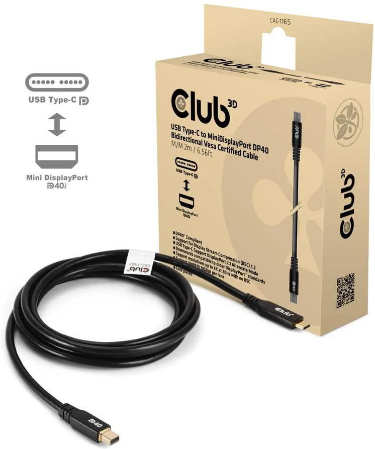 Kabelis Club 3D Club3D Kabelis USB Typ C MiniDP 2.1 2m 8K30Hz St/St mažmeninė prekyba