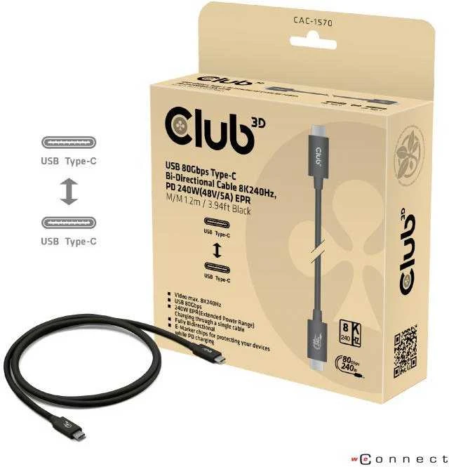 Club 3D CLUB3D CAC-1570 kabelis USB USB4 Gen 2x2 1,2 m USB C 80 Gbit/s 240 W Juodas