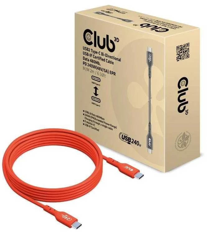 Club 3D Club3D CAC-1573 USB2 TYPE-C DVIkryptis kabelis, DUOMENYS 480 MB, PD 240W (48V/5A) EPR M/M 2M/6.56FT