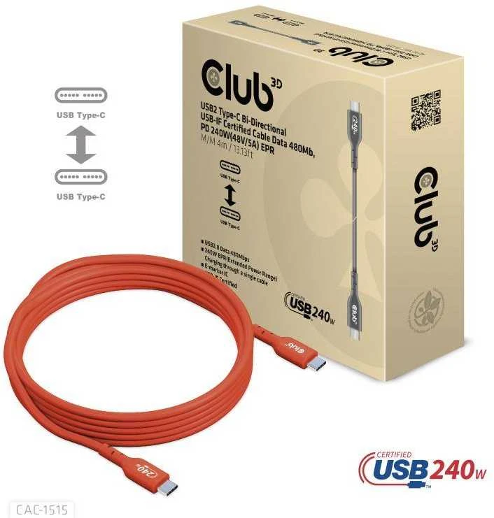 Kabelis USB Club 3D USB-C - USB-C 4 m Raudona (CAC-1515)