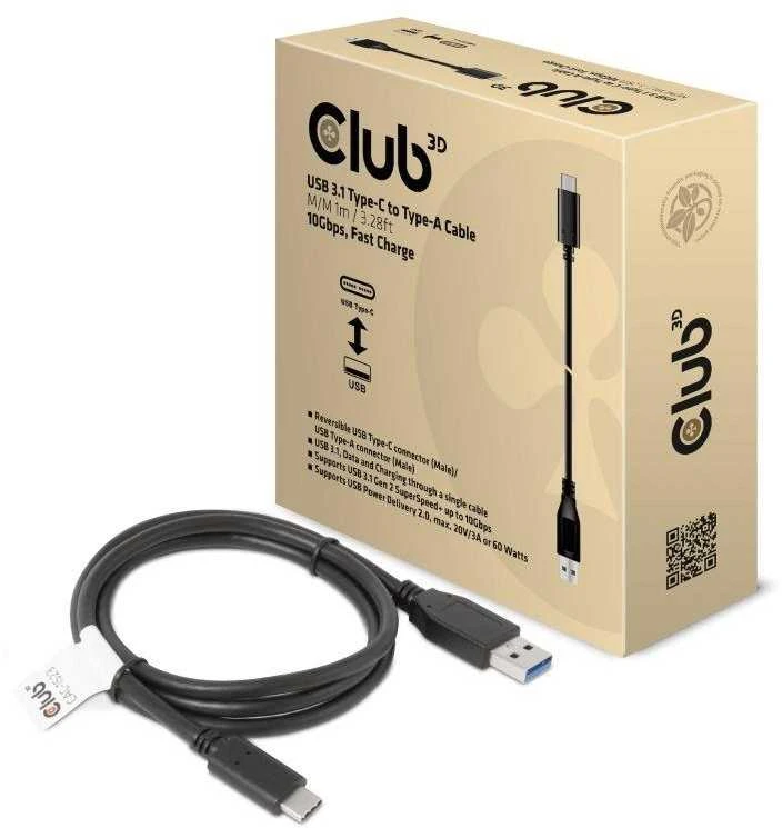 USB Club 3D USB-A – USB-C laidas, 1 m juodas (CAC-1523)