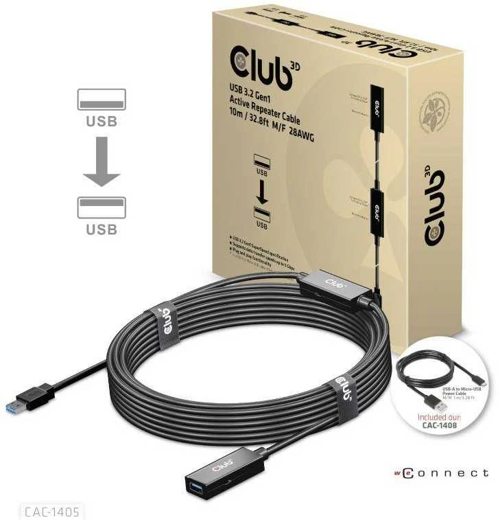 Club 3D CLUB3D USB 3.2 Gen1 aktyvaus kartotuvo kabelis 10 m / 32,8 pėdų M/F 28AWG