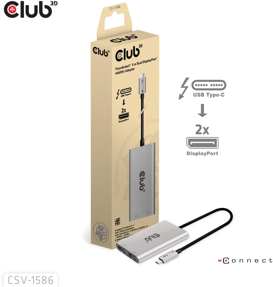 „Club 3D“ AV signalo perdavimo sistema „Club 3D“ vaizdo šakotuvas „Thunderbolt“ 3–2 DP, dvigubas 4K60Hz arba vienas 8K60Hz/4K120Hz
