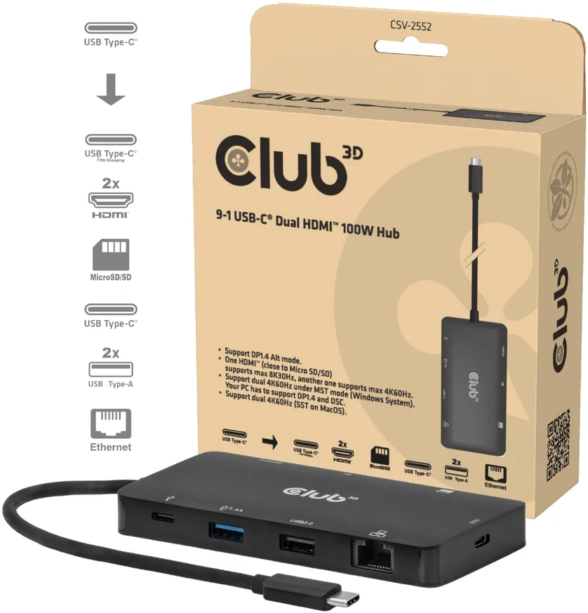 Club 3D „Club3D“ USB-C 9in1 šakotuvas > 2xHDMI/2xUSB/USB-C/LAN 4K60Hz PD100W mažmeninė prekyba