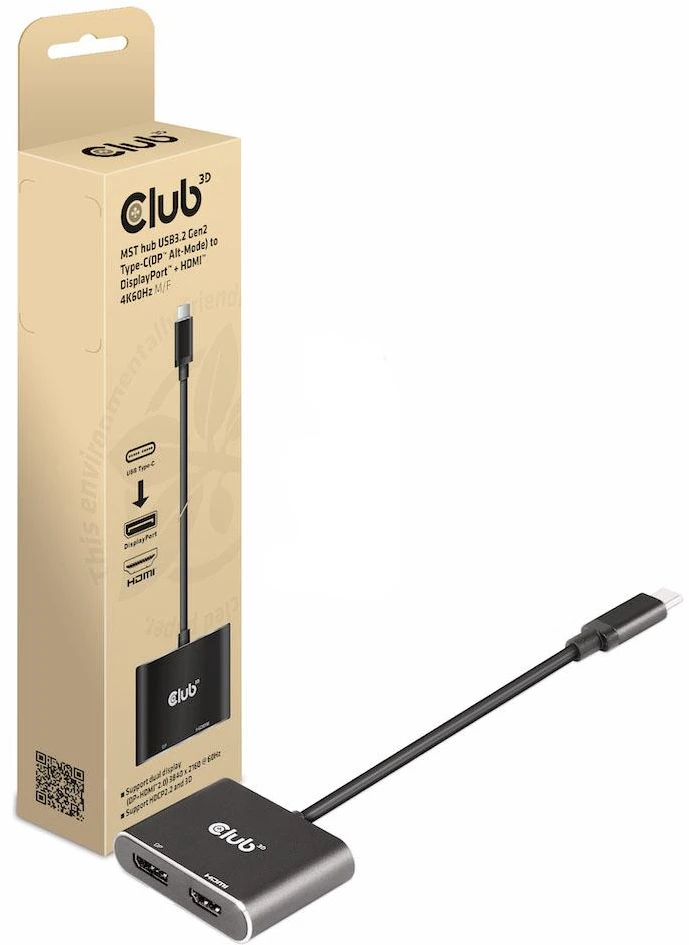 Club 3D CLUB3D MST šakotuvas USB3.2 Gen2 Type-C (DP Alt-Mode) į DisplayPort + HDMI 4K60Hz M/F