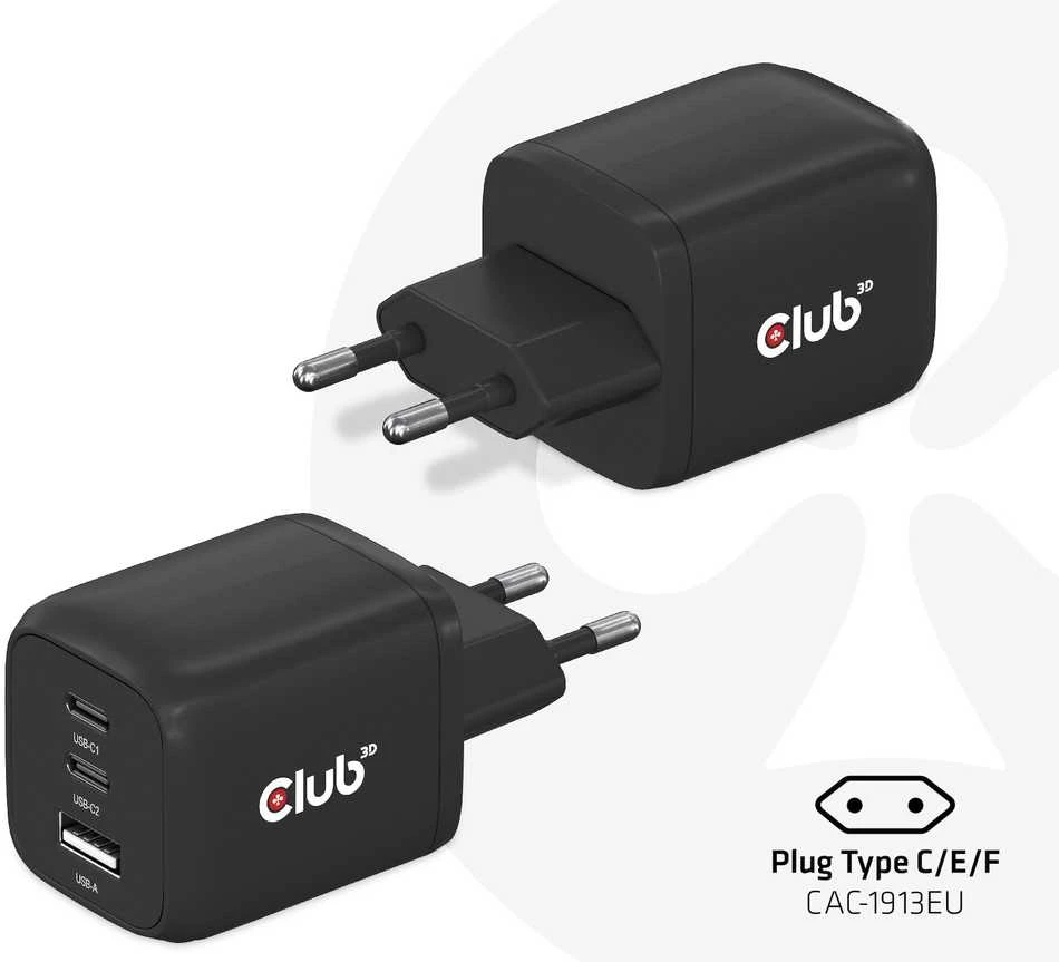 Club 3D Club3D kelioninis įkroviklis 65W GAN technologija, 3 prievadai (2xUSB-C + USB-A), PPS, Power Delivery (PD) 3.0 palaikymas