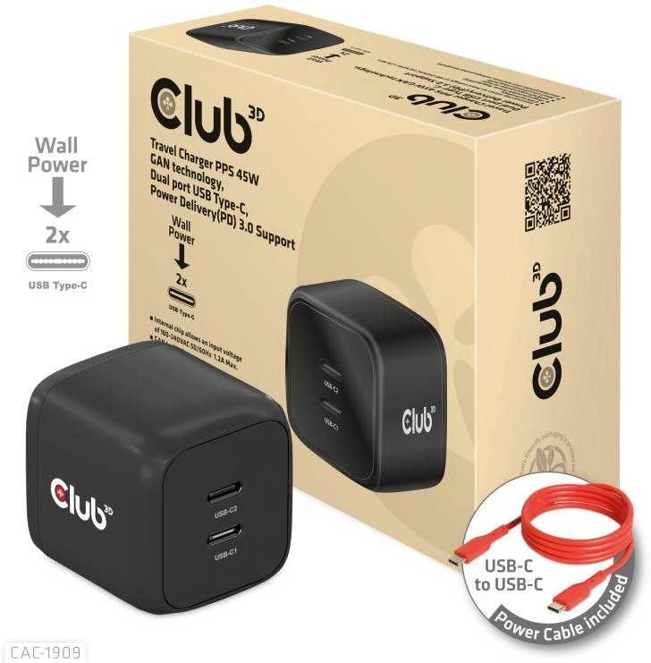 Club 3D Club3D CAC-1909EU Kelioninis įkroviklis PPS 45W GAN technologija, dviejų prievadų USB Type-C, maitinimo tiekimo (PD) 3.0 palaikymas
