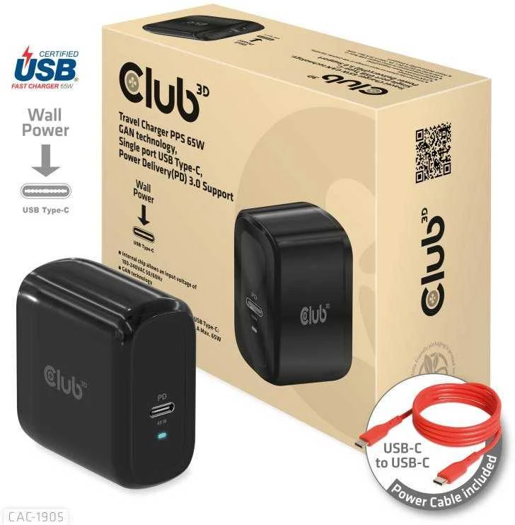 Club 3D CLUB3D kelioninis įkroviklis 65 W GAN technologija, vieno prievado USB Type-C, maitinimo tiekimo (PD) 3.0 palaikymas