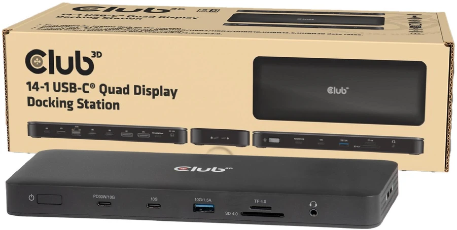 Club 3D „Club3D“ USB-C krovimo stotelė 14v1, 2xHDMI, 2xDP, 3xUSB-C, 1xUSB-C PD, 2xUSB, 1xRJ45, 1x3,5 mm, Micro SD/SD, juoda
