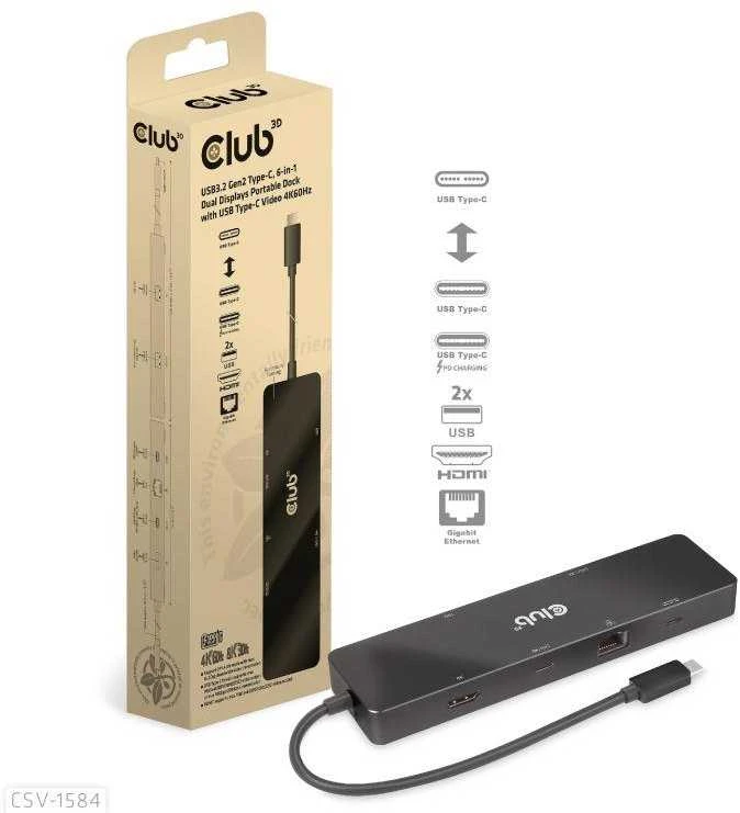 HUB USB Club 3D Club 3D dokumetas USB-C 3.2 Gen1 6in1 Hub 1x USB-C Video 4K60Hz, 1x HDMI 4K60Hz, 2x USB-A, USB-C PD 100W, RJ45