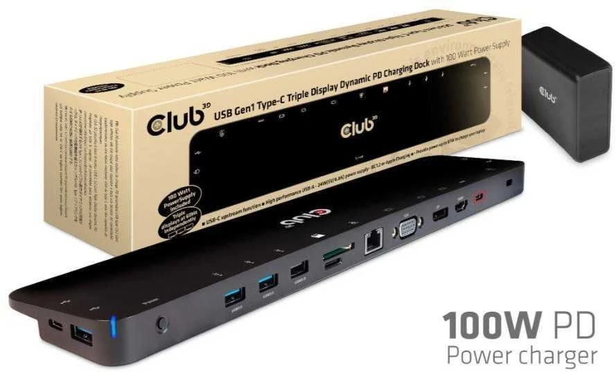 Club 3D Doko stotelė CLUB3D CSV-1564W100 USB 3.2 Gen 1 (3.1 Gen 1) Type-C Juodas