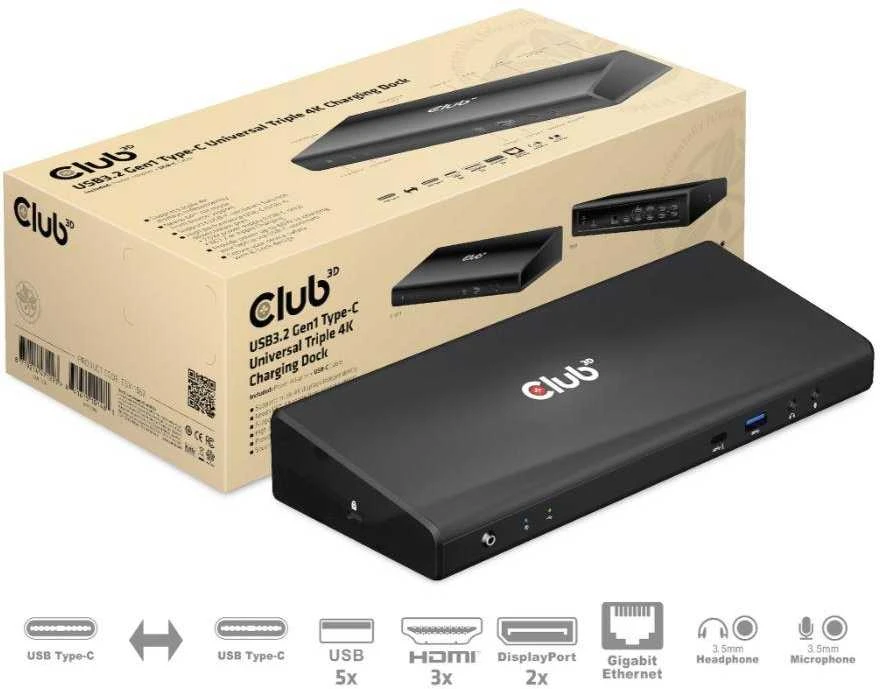 Club 3D CLD CLUB3D CSV-1562 knyginių kompiuterių dokas / jungčių replikatorius Prijungimas USB 3.2 Gen 1 (3.1 Gen 1) Type-C Juoda