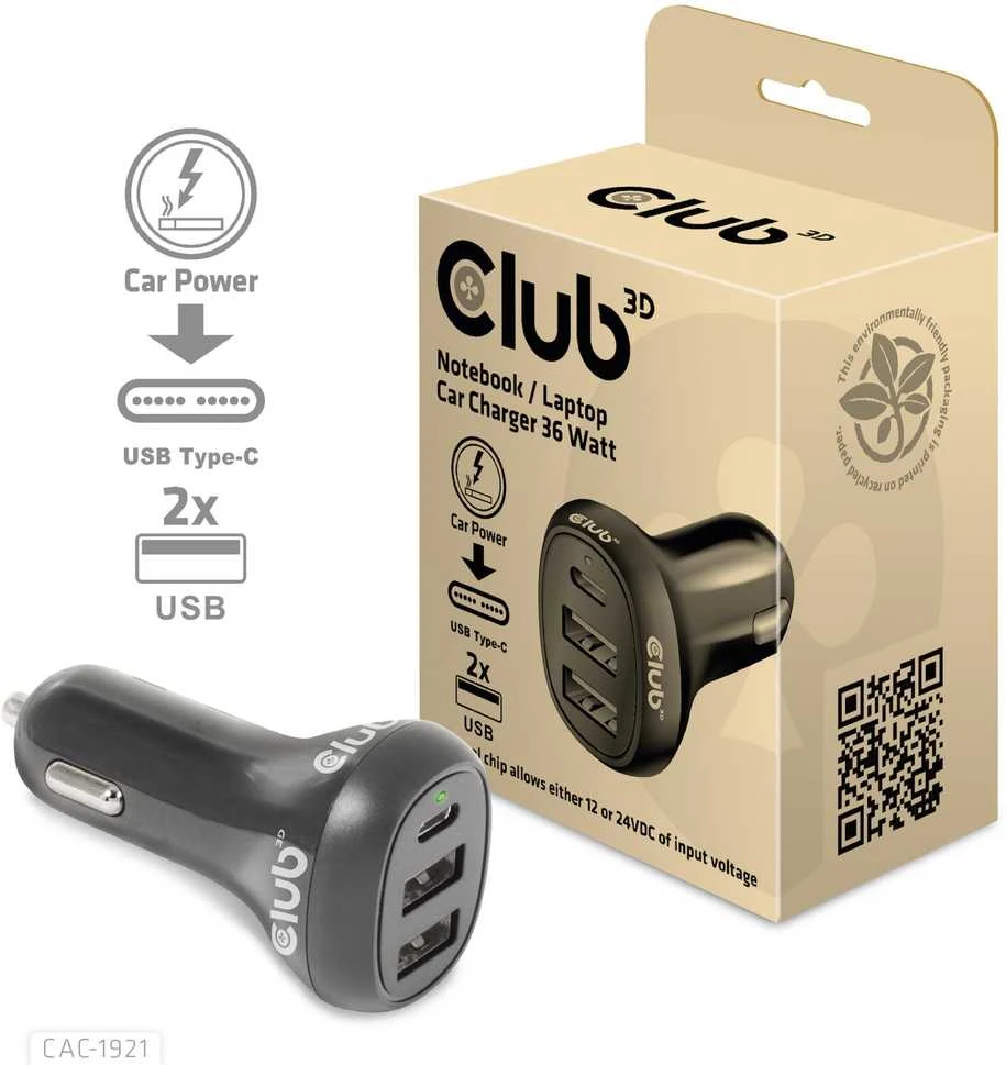 Įkroviklis Club 3D Club3D automobilinis įkroviklis nešiojamiesiems kompiuteriams 36W, 3 prievadai (2xUSB-A + USB-C)