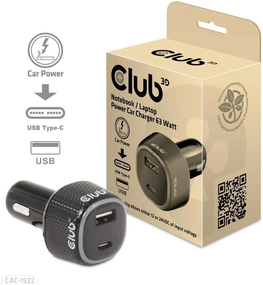 Club 3D CLUB3D nešiojamojo kompiuterio automobilinis įkroviklis, 63 vatai, automatinis, cigarečių žiebtuvėlis, 24 V, juodas