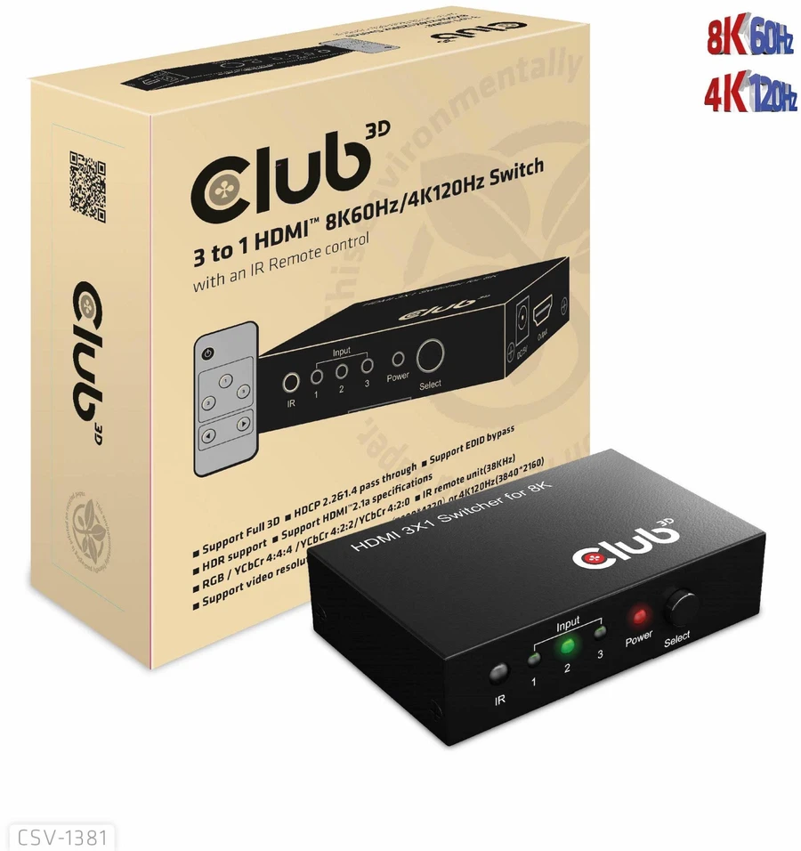 Club 3D Club3D jungiklis 1:3 HDMI 8K60Hz/4K120Hz, 3 portai