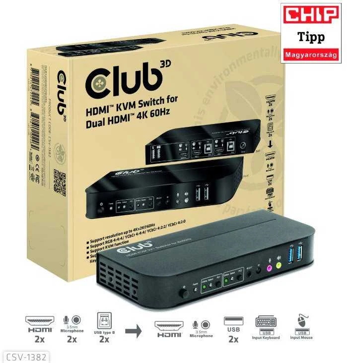 Club 3D Club3D tinklo jungiklis – jungiklis, HDMI KVM jungiklis – dvigubas HDMI 4K 60Hz