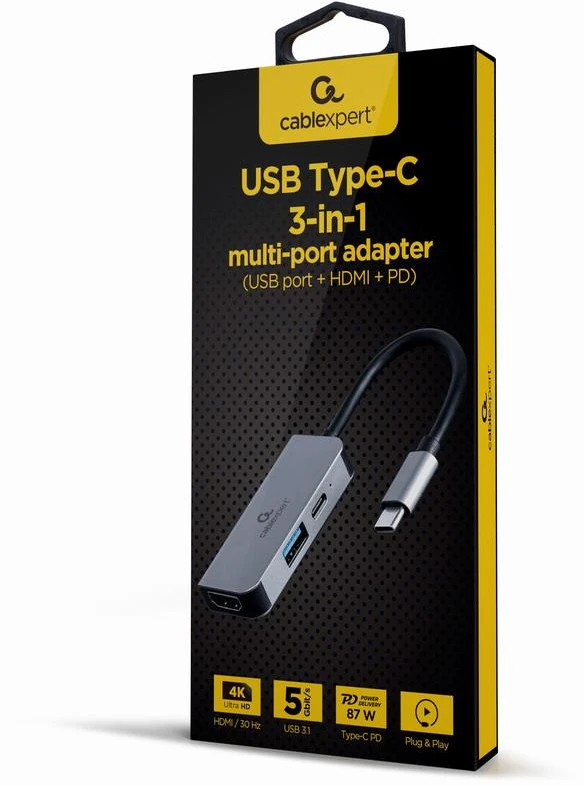 GEMBIRD A-CM-COMBO3-02 Multi Port Adapteris USB type C 3in1 USB port + HDMI + PD sidabrinis
