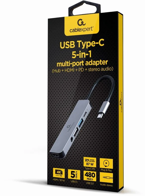 GEMBIRD A-CM-COMBO5-02 kelių prievadų adapteris C tipo USB 5in1 šakotuvas + HDMI + PD + stereofoninis garsas