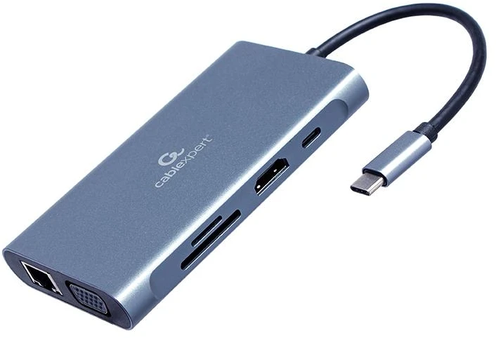 GEMBIRD A-CM-COMBO7-01 Multi Port Adapteris USB Type C Hub3.0 HDMI VGA PD kortelių skaitytuvas stereo audio space pilkas