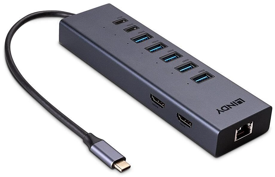 Nešiojamojo Kompiuterio Mini Dokavimo Stotis - LINDY DST-Mini Duo, USB-C Dokas, 2x 4K HDMI, PD 100W, Gigabit Ethernet