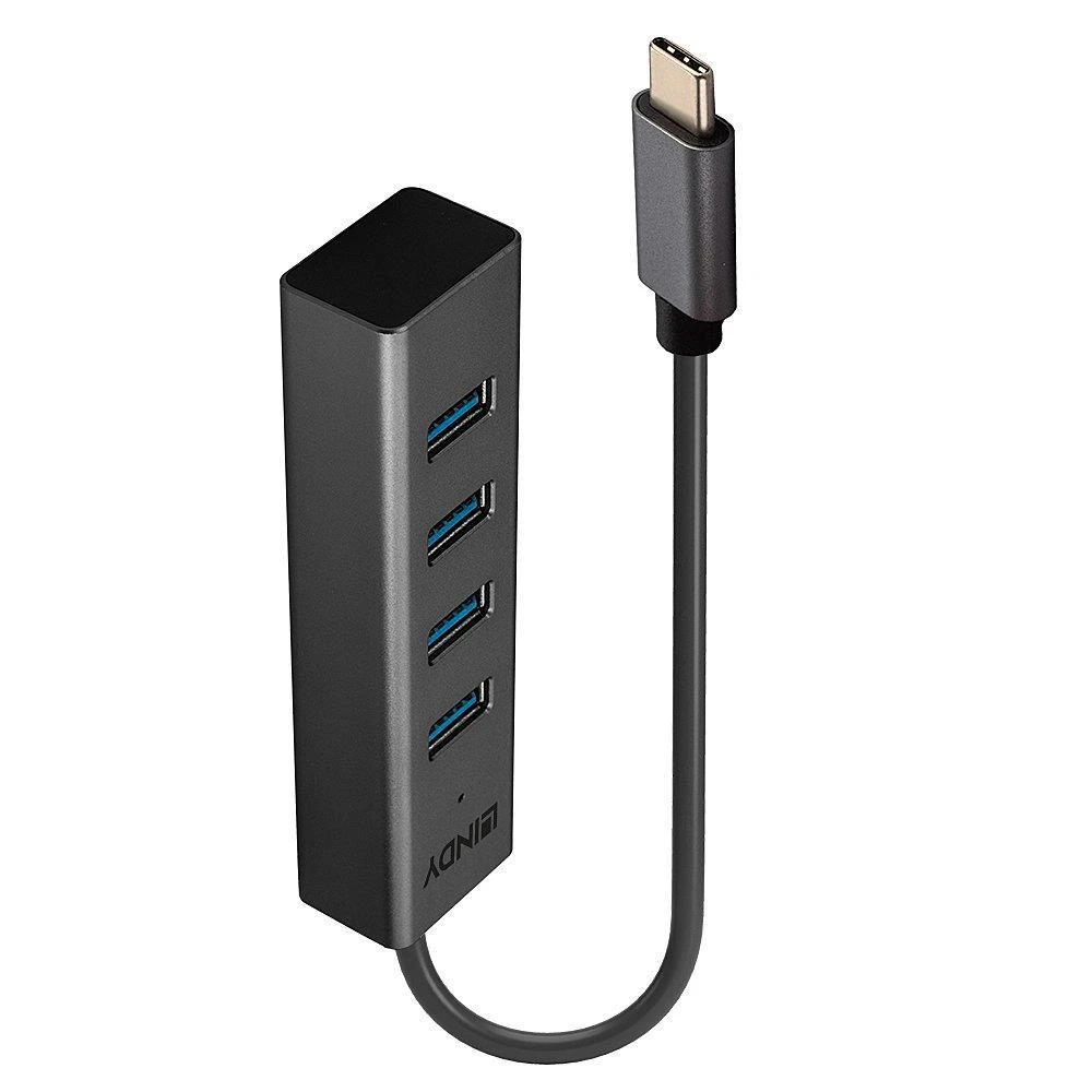 USB Hub - LINDY 4 Portų USB 3.2 Gen 1 Type C Hub, 5 Gbps, Duomenų Perdavimui, 30 cm Kabelis, Juodas