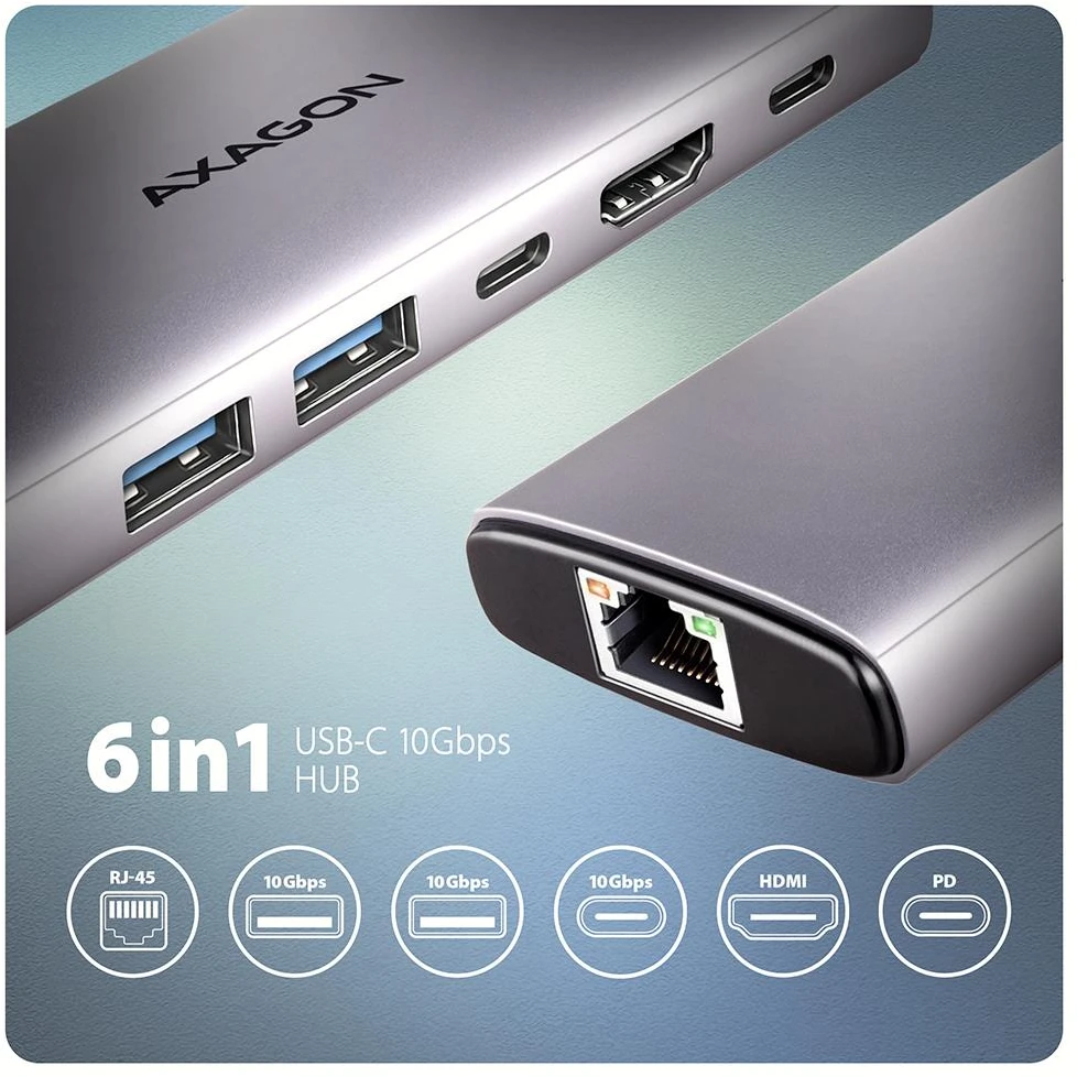 AXAGON HMC-6G2L 2x USB-A 10Gbps, 1x USB-C 10Gbps, 4K/60Hz HDMI, RJ-45, USB 3.2 Gen 2 šakotuvas, PD 100W, 15cm USB-C laidas