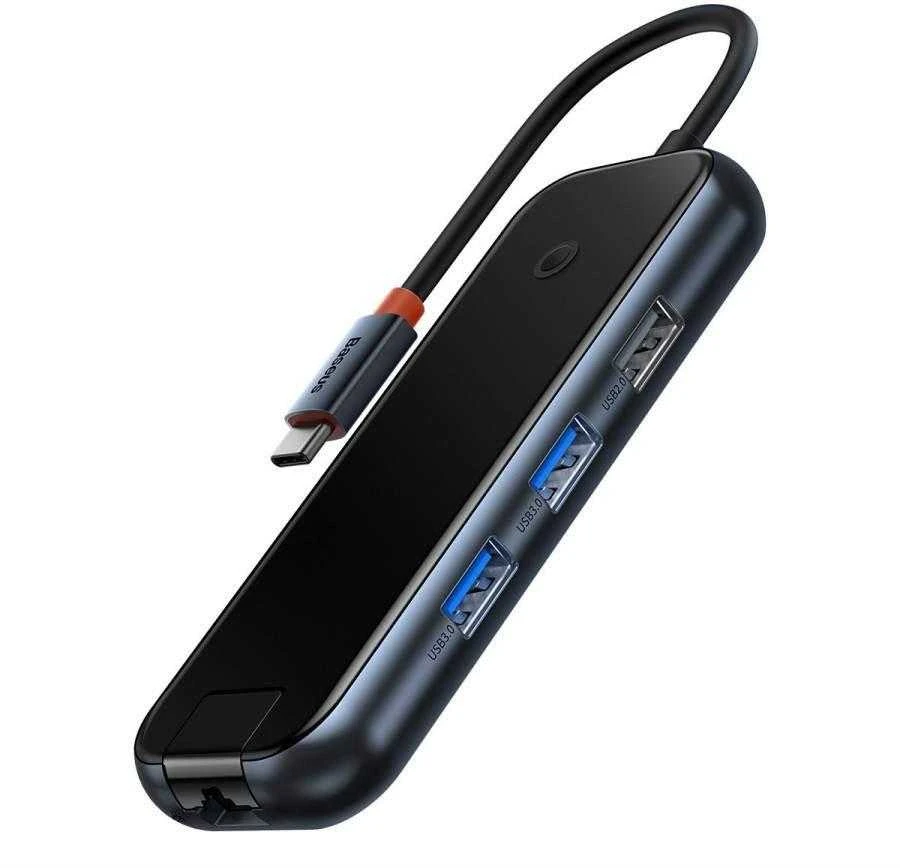 Hub 6in1 Baseus AcmeJoy serijos USB-C iki 2xUSB 3.0 + USB 2.0 + USB-C PD + HDMI + RJ45 (tamsiai pilka)