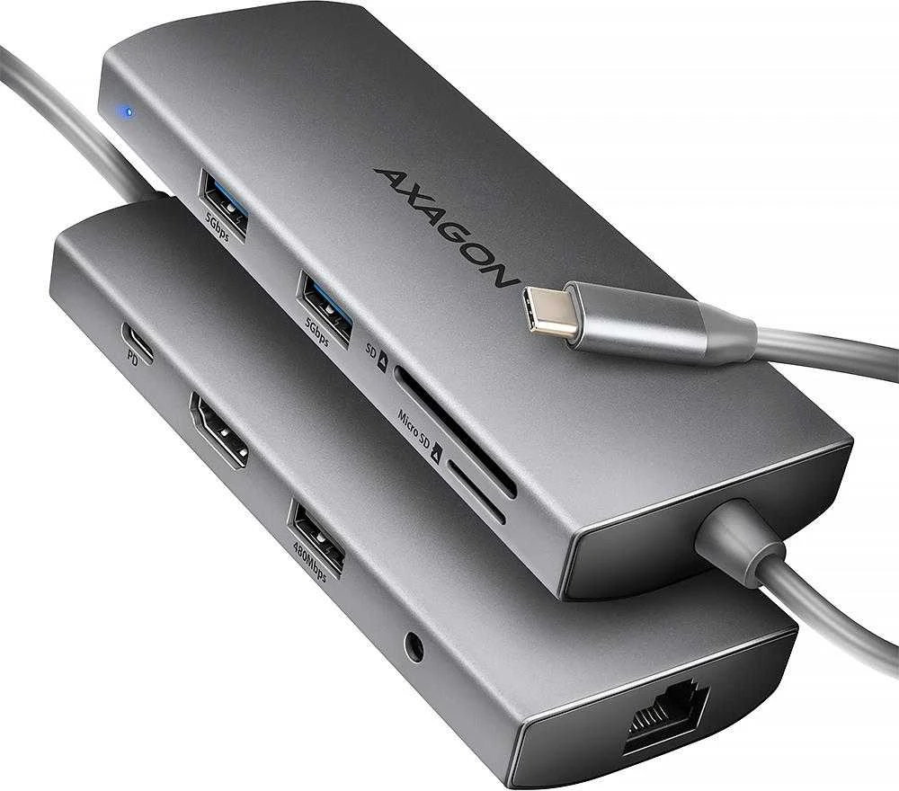 AXAGON HMC-8HLSA USB-C 3.2 Gen 1 šakotuvas, 3x USB-A + 4K/30Hz HDMI + SD / Micro SD, GLAN, garsas, PD 100 W, 20 cm USB-C laidas