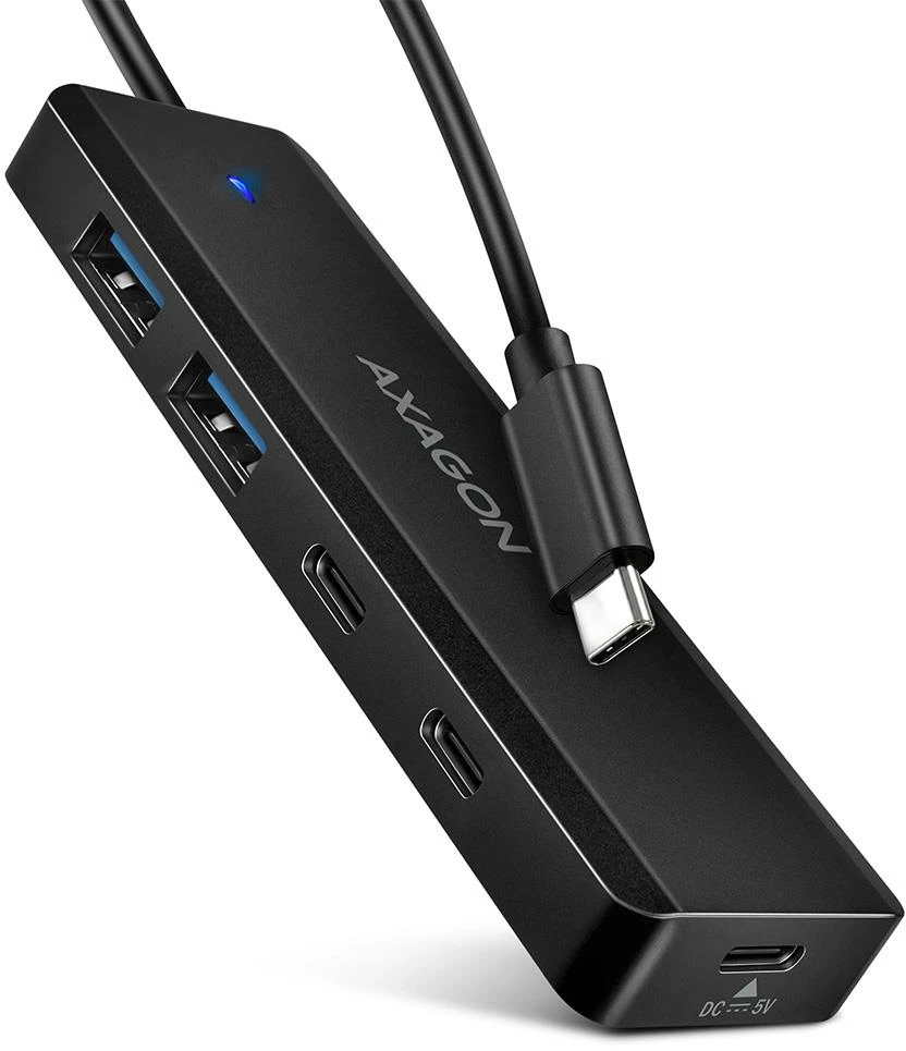 „AXAGON HUE-C2C“ 2x USB3.2 Gen 1 + 2x USB-C 5Gbps kelioninis šakotuvas, USB-C maitinimo įvestis, su 19 cm C tipo laidu